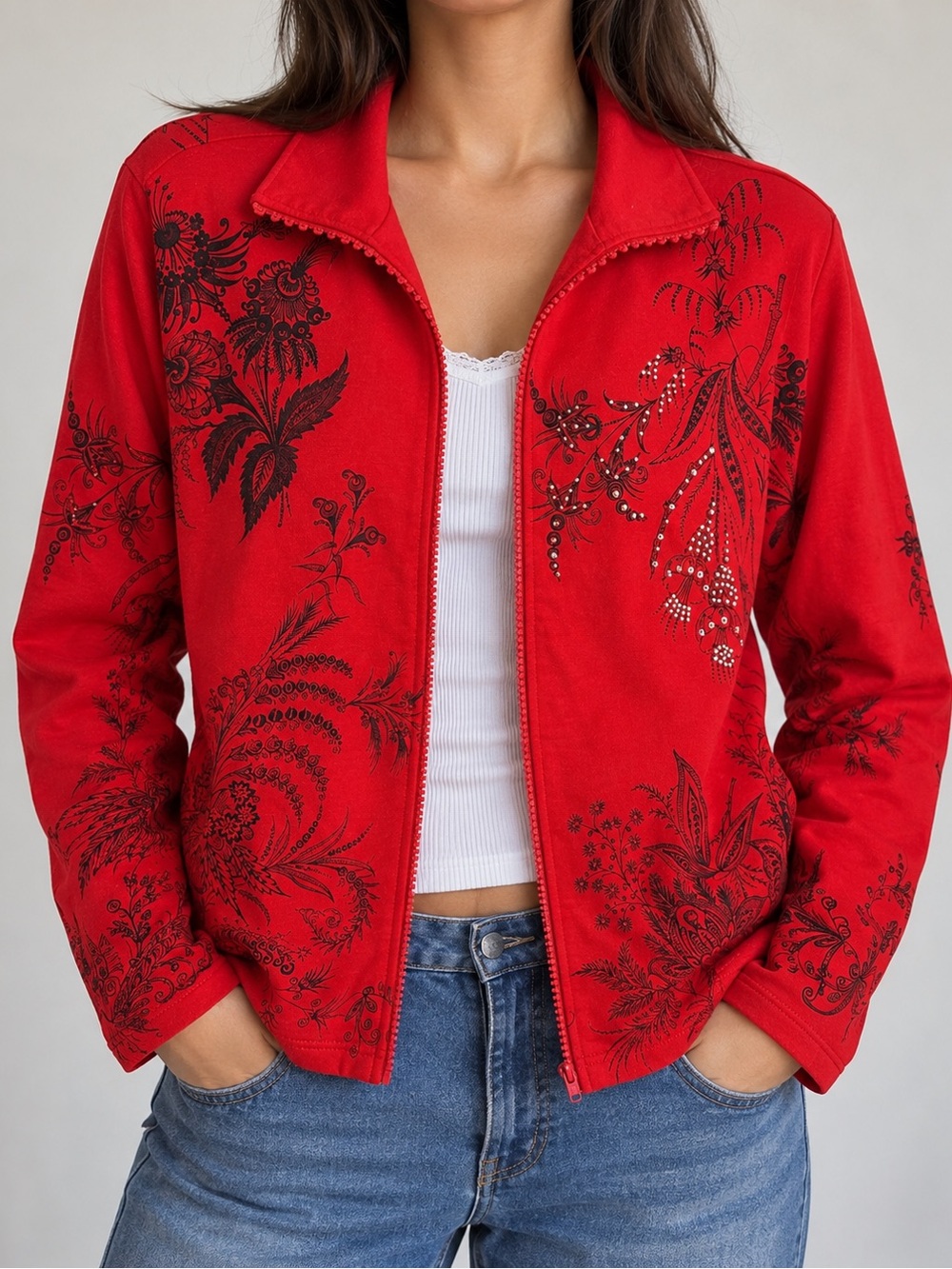 Jess & Jane Women’s Large Red Floral Rhinestone Zip Front Jacket Artsy Y2K